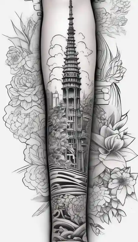 Barcelona cityscape, Spanish plants, leg sleeve half sleeve tattoos for men – Japonais, Noir et blanc